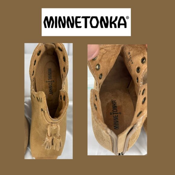 Minnetonka Margot Suede Ankle Booties Sz. 8 Taupe Side Zip ~ Excellent Condition - Picture 7 of 7